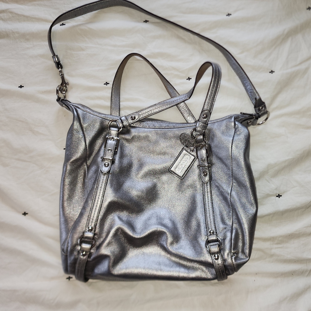 Coach Alexandra Metallic Silver Leather Hobo Tote Convertible Bag
